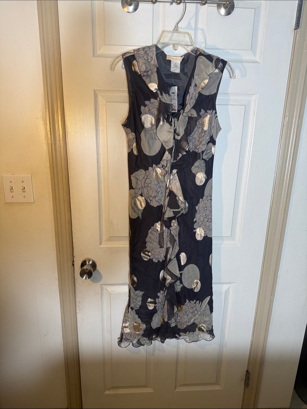 Fenn Wright Manson Black Midi Dress with Metallic Gold and Gray Floral Motif
